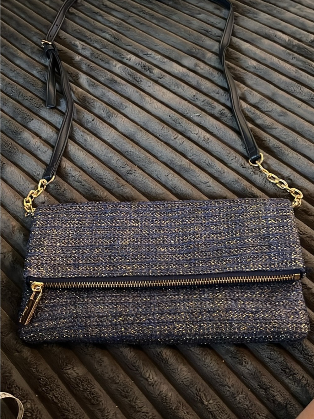 Woven Navy Crossbody Bag with Gold Hardware